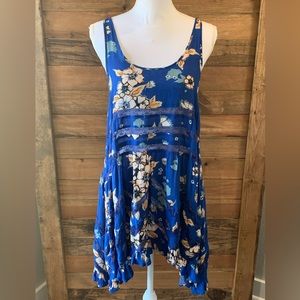Free People Intimately Blue Floral Trapeze Slip Tank Dress Voile Lace Size Small